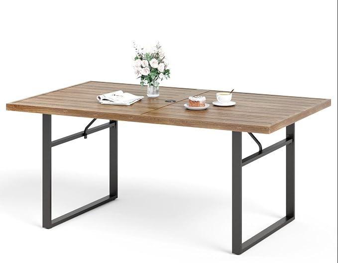 SUNSHINE VALLEY 64" Patio Dining Table for 6,Teak Color Rectangle Patio Table with Umbrella Hole,E-Coating and Powder Coating Steel Frame Metal Outdoor Patio Table for Garden Backyard Lawn Yard