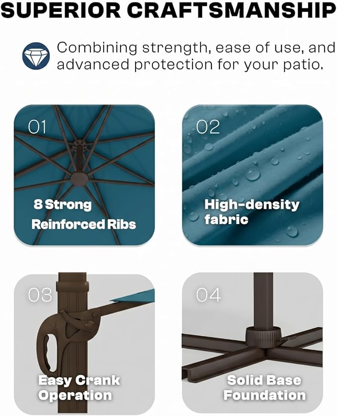 10'×10' Patio Umbrella, Aluminum Cantilever Umbrella with 360°Rotation, Offset Patio Umbrella with Easy Tilt Fade Resistance for Pool Deck Garden Backyard, Lagoon (Base not Included)