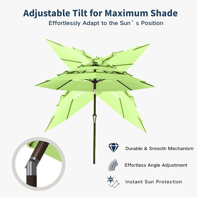 10FT Patio Umbrella 3 Tiers Outdoor Market Umbrella w/Push Button Tilt, Crank, UV and Waterproof Table Umbrella for Garden, Pool, Backyard, Deck, Lawn, Apple Green