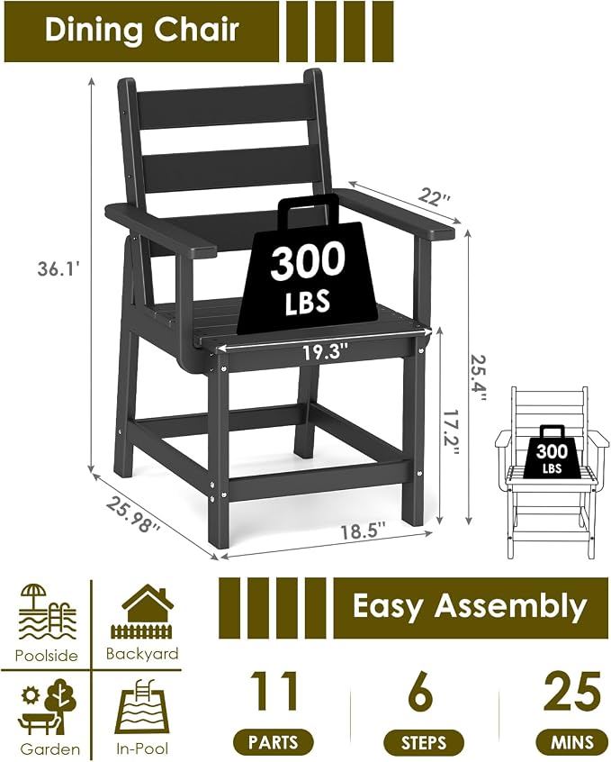 GREENVINES Patio-Chair | Outdoor Dining Chairs Set of 2 | HDPE Plastic | Removable Armrests | All Weather | for Backyard Deck Poolside Garden | Black