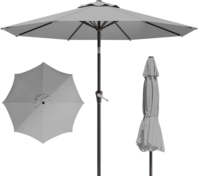 10FT Patio Umbrella, Outdoor Umbrella with Push Button Tilt and Crank, 8 Sturdy Ribs, UV Protection & Waterproof Market Umbrella for Pool, Backyard, Beach,Deck (Light Gray)