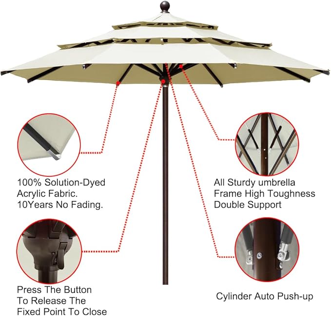EliteShade USA 10-Year-Non-Fading 11ft 3-Tier Market Patio Umbrella, Commercial Grade Outdoor Table Umbrella with Cylinder Push-Up, Windproof & UPF 50+ UV Protection, Heavy Duty Ventilation for Garden, Deck, Pool, Backyard, Beach & Bistro, Natural