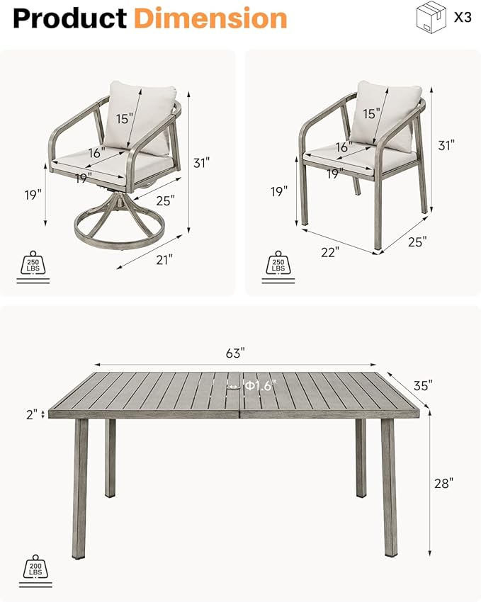 7 Pieces Outdoor Dining Set, Never-Rust Aluminum Patio Dining Set for 6, Outdoor Dining Table Set with 2 Swivel Chairs, 4 Dining Chairs, Patio Furniture Set for Porch, Garden, Gray Oak