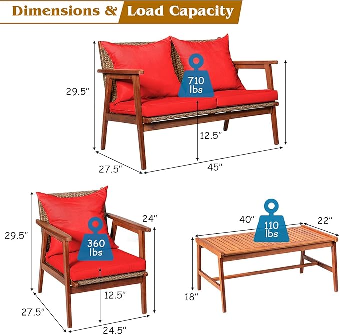 Tangkula 8 PCS Patio Wood Sofa Set, Outdoor Acacia Wood Seating Chat Set with Cushions & Coffee Table, Sectional Conversation Sofa Set for Garden, Backyard, Poolside (2, Red)