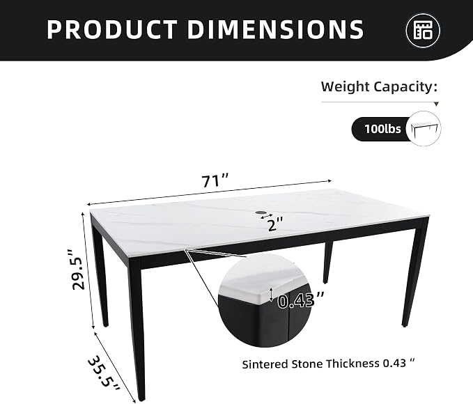 Outdoor Aluminum Marble Dining Table for 6-8, 71” Luxury Patio Table with White Sintered Stone Top, Post Tapered Legs for Garden, Lawn, Weatherproof & Rust-Free