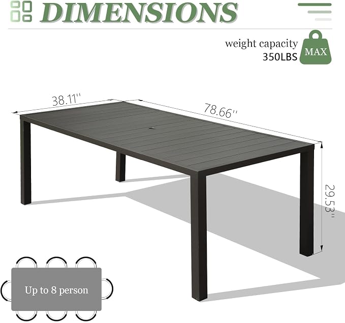 Domi Outdoor Dining Table for 8, Rectangular Metal Patio Table with Umbrella Hole for Deck Garden Lawn Backyard Use, Brown