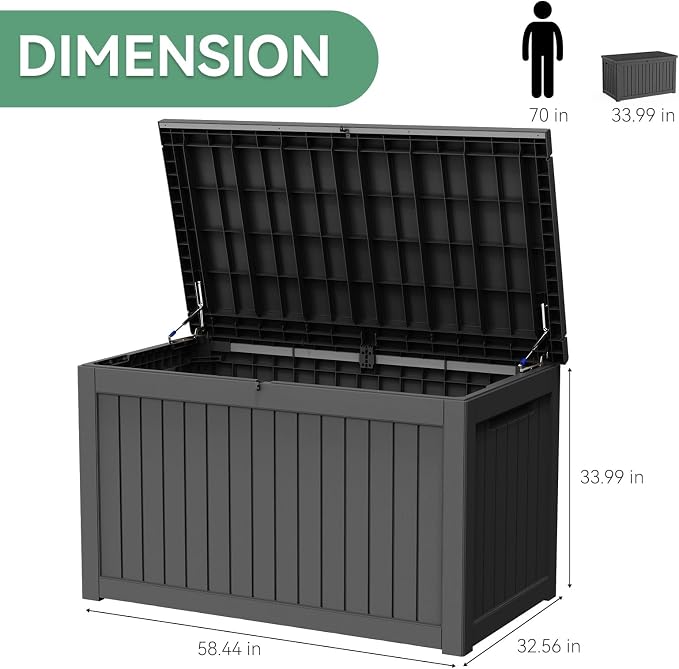 Vixzen 280 Gallon Large Outdoor Storage Box Waterproof, Resin Deck Box with Hydraulic Rod & Lockable Latch for Patio Furniture, Black