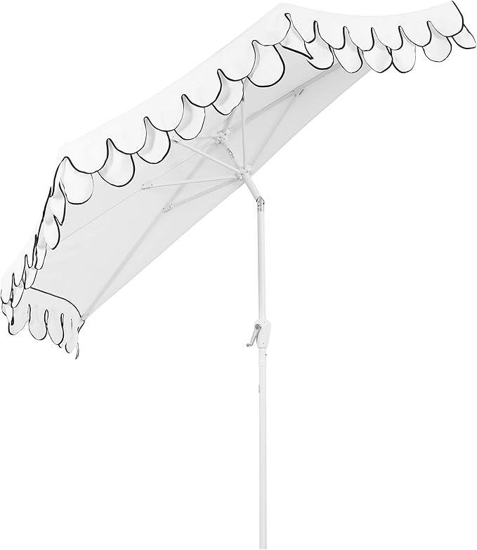 JONATHAN Y Terrace Scalloped 9 ft. Half Round Patio Umbrella with Crank Lift and Tilt, Coastal Semicircle Market Wall Umbrella for Balcony, White/Black, White Pole UMB1202D