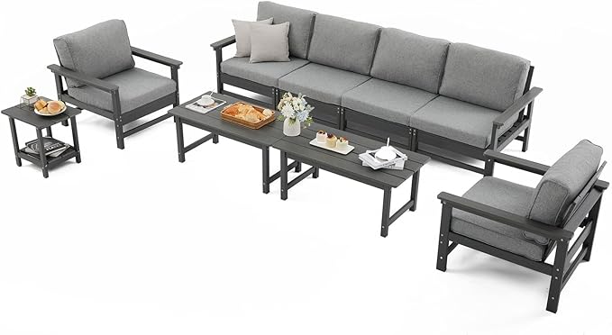 HDPE Outdoor Patio Furniture Set with Cushions, 9 Piece Patio Conversation Set Sofa Set,All Weather Outdoor Couch Set with Coffee Table for Lawn, Garden, Deck