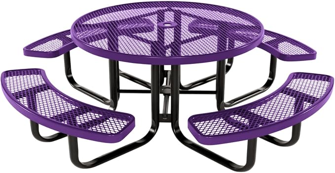 COATEDOUTDOORFURNITURE Heavy-Duty Portable Outdoor Kids Table with Umbrella Hole, Expanded Metal Kids Picnic Table, Commercial-Grade, Made in America (46 in, Round, Childrens, Textured Purple)