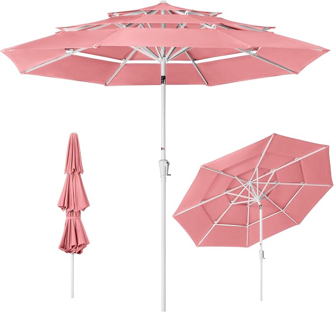 Best Choice Products 10ft 3-Tier Patio Umbrella White Pole, Outdoor Market Umbrella with Push Button Tilt and Crank Lift, Steel Pole Umbrella for Backyard Patio Pool Outdoor Shade