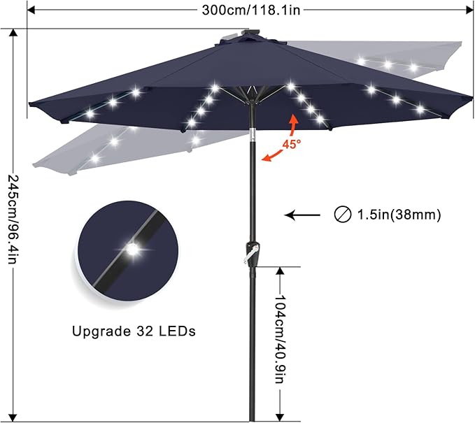 ABCCANOPY 10FT Durable Solar Led Patio Umbrellas with 32LED Lights (Navy Blue)