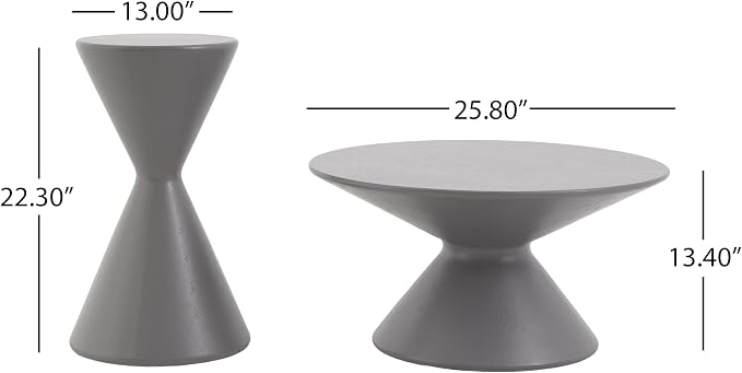 Christopher Knight Home Nowin Lightweight Concrete Outdoor Side Table Set of 2, Patio Round Coffee Table Set with Small Plant Stand, Hourglass-Shaped 2 Outdoor Table for Garden/Backyard, Gray
