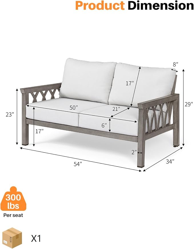 Outdoor Aluminum Loveseat Sofa, 2-Seat Patio Sofa with Thick Cushions, Outdoor Club Sofa Couch, Weather-Resistant Patio Loveseat Furniture for Porch, Garden, Balcony, Limed Oak