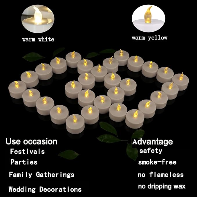 JUNPEI 24Pack Battery Tea Lights LED - Realistic and Bright Flickering Holiday Gift Operated Flameless for Seasonal & Festival Celebration Warm Yellow Lamp Battery Powered
