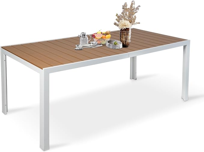 Outdoor Dining Table for 8 Person, 71" Aluminum Patio Dining Table with 1.6" - 2" Adjustable Umbrella Hole, Slat Rectangle Table with Wood Like Table Top for Backyard Garden