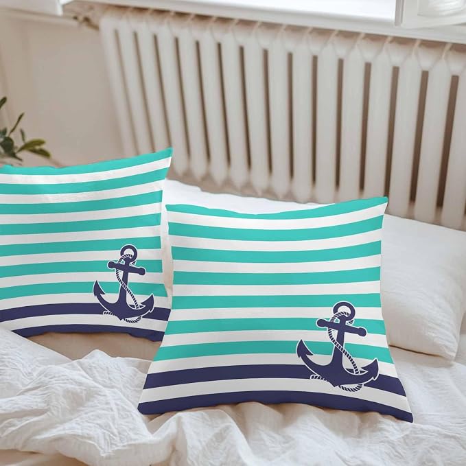 Throw Pillow Covers 24x24 Inch Set of 2, Anchor Turquoise Waterproof Outdoor Cushion Covers, Modern Navy Blue White Striped Nautical Decorative Pillowcases for Couch, Sofa, Bed, Garden, Patio