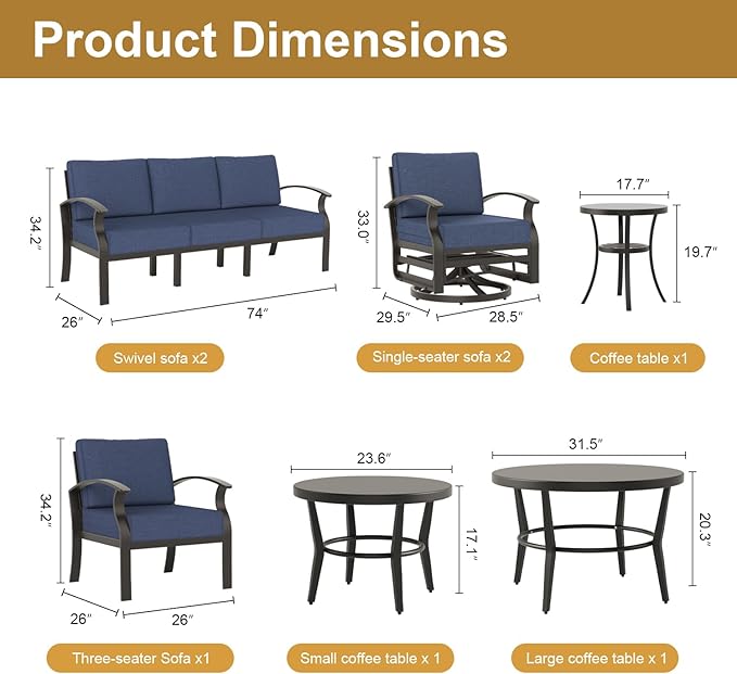 Aluminum Patio Furniture Set,7 Seats Outdoor Sectional with 2 Round Coffee Tables,Patio Conversation Sets w/5.1" Upgraded Thick Cushions for Backyard, Garden and Poolside,Navy