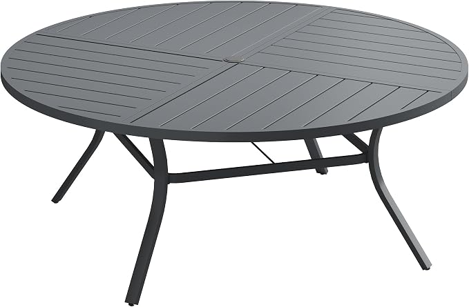 VICLLAX 60" Round Outdoor Table, Patio Dining Table for 8-10 with Umbrella Hole for Garden Lawn Deck Backyard, Dark Grey