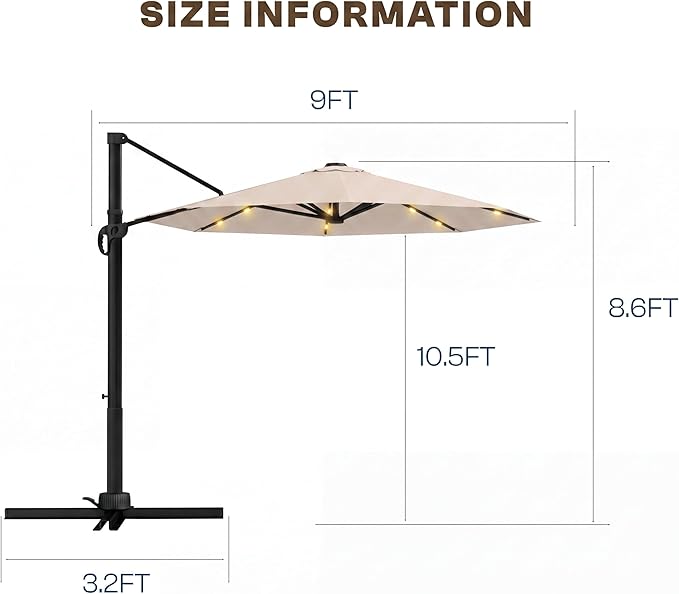 Kingdura 9ft Cantilever Patio Umbrella with Base Included & Solar Lights, Large Round Metal Outdoor Offset Umbrella with 360-degree Rotation, 4 Position Tilt, UV Protection for Pool Deck Patio (Beige)