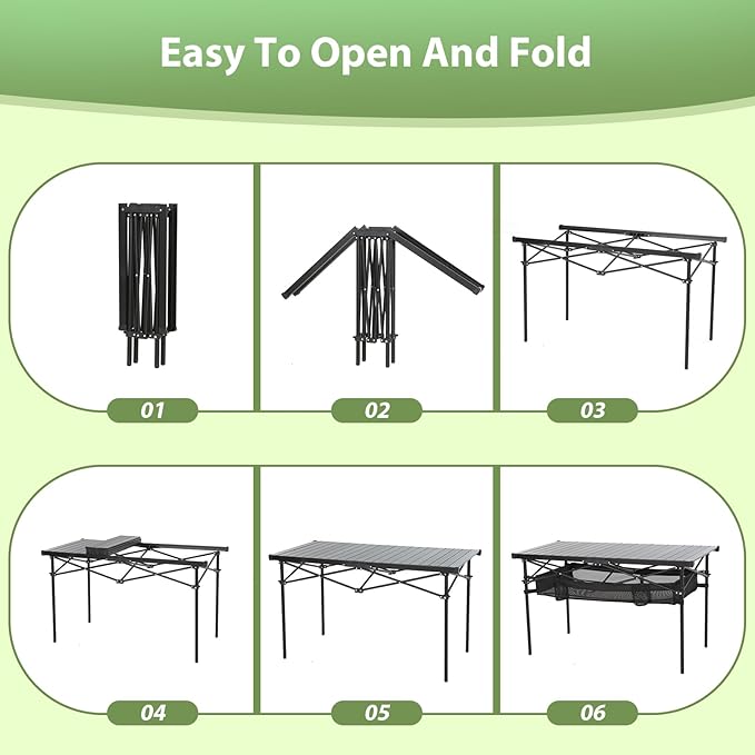 Nice C Portable Folding Camping Table, Aluminum Lightweight Roll-up Top Indoor&Outdoor Collapsible Table, with Mesh Net, Cup Holder, Carry Bag, Steel Frame, for Camping, Sports, BBQ, Picnic (Black)