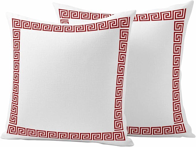 Outdoor Pillow Covers Set of 2, Greece Abstract Inspired Key Pattern Decorative Throw Pillow Covers 16X16IN, Red Twist Lines on White Throw Pillows Protector Cushion Case for Patio,Couch,Sofa,Garden
