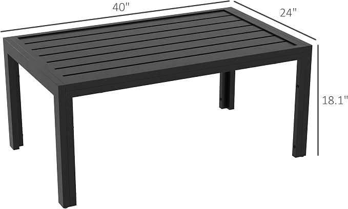 Outsunny Patio Coffee Table, Rectangle Outdoor Side Table with Steel Frame and Slat Tabletop for Garden, Balcony, Backyard, Porch, Black