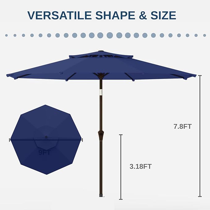 9FT Patio Umbrella 2-Tier Outdoor Market Table Umbrella with Push-Button Tilt & Crank | UPF 50+ & Waterproof for Backyard,Garden,Pool,Deck(Navy)