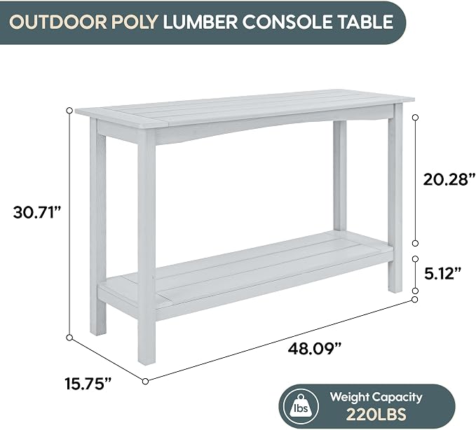 Weatherproof HIPS Outdoor Console Table, 48'' 2-Shelf Side Table Indoor/Outdoor Use, Multifunctional Buffet Table Bar Storage Organizer for Entryway, Patio, Outside Plant Stand Table, White