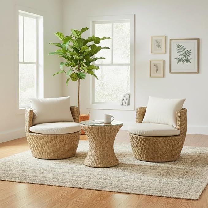Merax Patio Furniture Set of 3, Outdoor PE Rattan Wicker Chairs with Cushion & Glass Coffee Table for Balcony Garden Front Porch, Patio Conversation Sets for 2, Sturdy Aluminum Frame, Beige