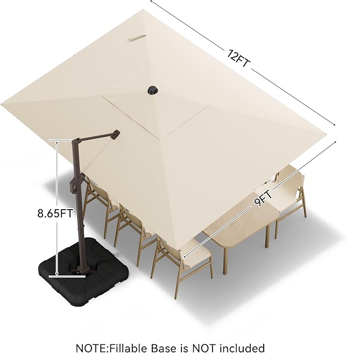 9x12 FT Cantilever Patio Umbrella, Large Rectangular Offset Outdoor Umbrella with 360° Rotation, Heavy Duty Shade Umbrella for Garden Backyard Deck Poolside Courtyard, Beige