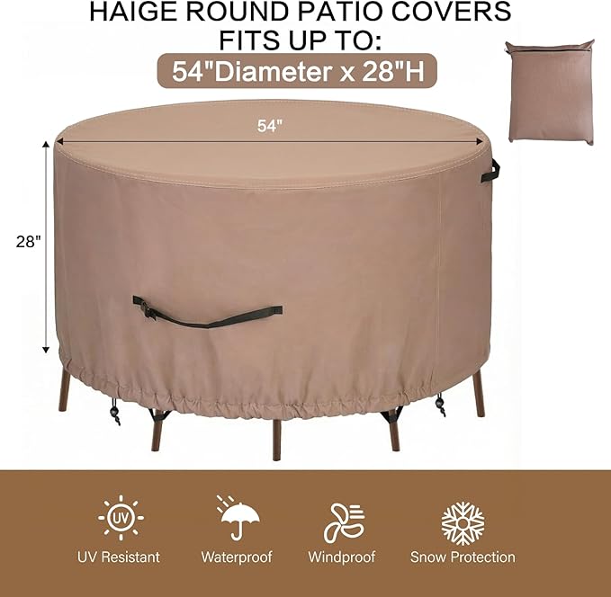 Haige Round Patio Furniture Cover 54" Dia x 28" H, Waterproof 600D Outdoor Table Covers Round, Heavy Duty Patio Table and Chair Cover, Windproof with Buckles & Air Vents, Brown