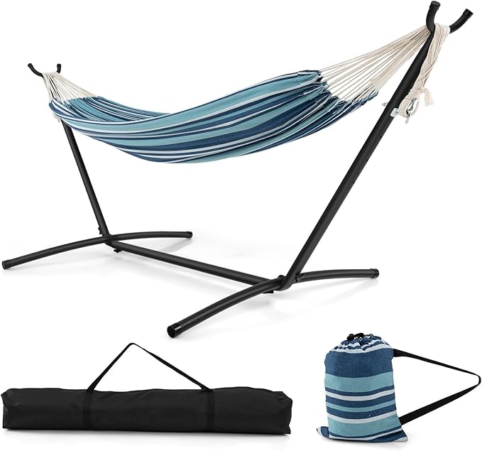 Giantex Hammock with Stand for Outside, 2-Person Double Hammock with Space Saving Metal Stand, Carrying Cases, Brazilian-Style Portable Hammock for Patio Garden Camping Lounging Outdoor & Indoor, Blue