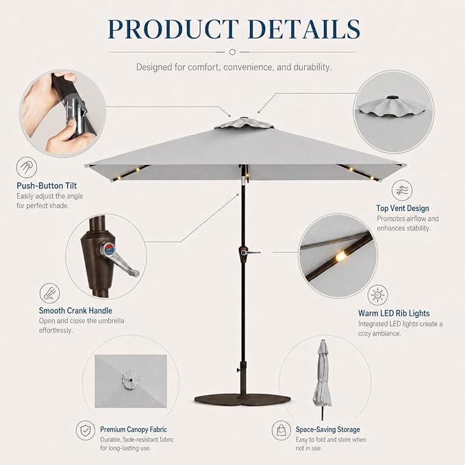 6.5 x 10ft Rectangular Patio Umbrella with Solar Lights, 16 LED Lighted Market Umbrella with Push-Button Tilt and Crank, 6 Sturdy Iron Ribs for Garden, Deck, Pool, Light Gray