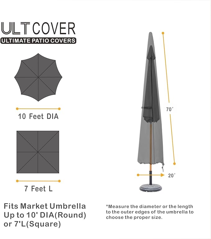 ULTCOVER Patio Parasol 600D Waterproof Outdoor Market Umbrella Cover - Fits Market Umbrella 7-10 Feet, Black