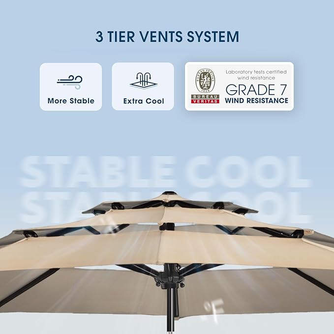 wikiwiki 10ft 3-Tier Patio Umbrella Outdoor Table Market Umbrella for Patio with Push Button Tilt/Crank, Fade Resistant Waterproof POLYESTER Canopy for Garden, Lawn, Deck, Backyard & Pool, Beige