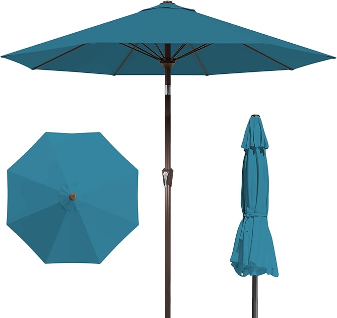 PatioKingdom Auto-Tilt 9FT Patio Umbrella Outdoor with 8 Sturdy Fiberglass Ribs,Market Table Umbrella for Pool,Backyard,Deck and Garden