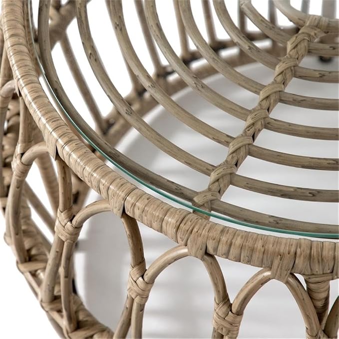 Afuera Living Round Outdoor Coffee Table, Natural PE Wicker/Rattan with Tempered Glass Top, 21.65" Diameter x 15.75" Height, Powder-Coated Steel Frame, Boho Style for Patio, Garden, or Indoor Spaces