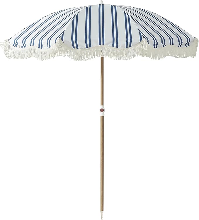 6FT Stripe Fringe Beach Umbrella for Sand with Sand Anchor, UPF 50+ Sun Shade with Tassels, Adjustable Tilt Pole, Portable Coastal Umbrella for Beach & Pool, Heritage Ocean Blue Stripe