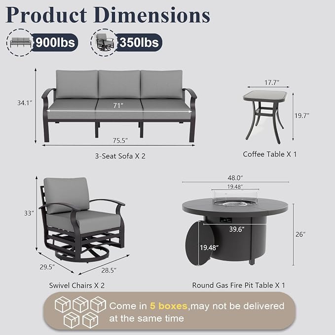 ALAULM Aluminum Patio Furniture Set with Coffee Table Rectangular, 5-seat Outdoor Sectional Furniture w/2 Swivel Chairs, Patio Conversation Set for Porch, Backyard, Poolside-Grey
