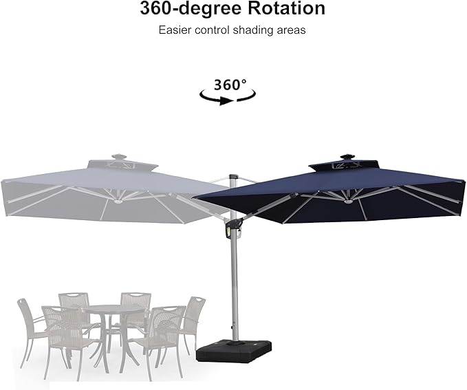 PURPLE LEAF 10 Feet Solar Powered LED Square Cantilever Umbrella With Base Patio Umbrellas Windproof Hanging Umbrella Outdoor Offset Umbrellas, Navy Blue
