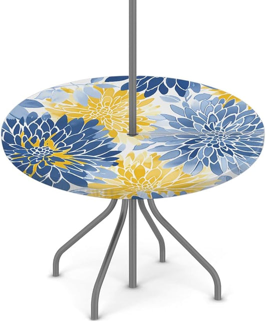 OSAM SPACE Outdoor Tablecloth with Umbrella Hole, Round Elastic Fitted Table Cloth with Invisible Zipper,Blue Yellow Chrysanthemum Flower Picnic Patio Table Cover 36-44in
