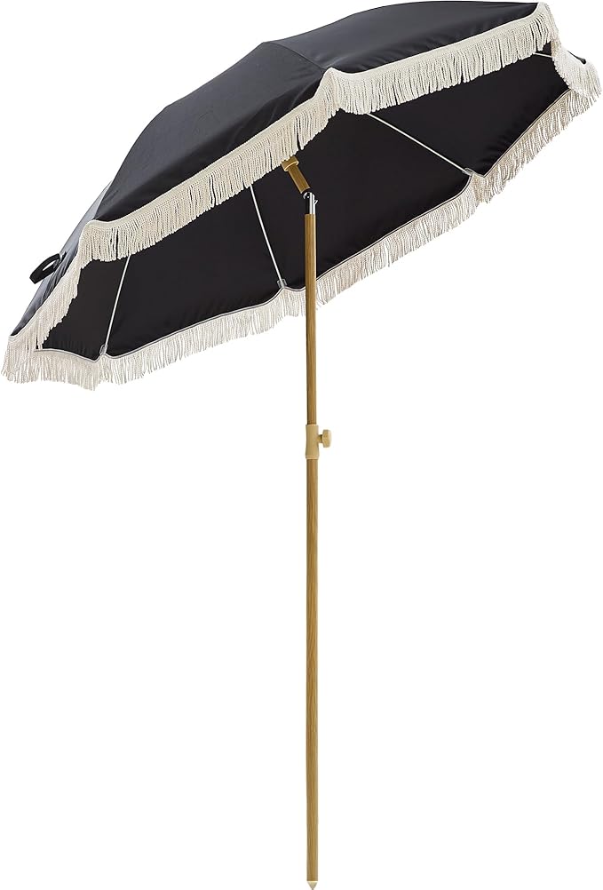 6.5FT Boho Patio Umberlla with Fringe,UPF50+ Outdoor Umbrella with Fiberglass Ribs and Push Button Tilt,Tassels Umbrella for Beach,Terrace,Picnic