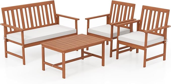 HAPPYGRILL 4 Pieces Acacia Wood Furniture Set, Patio Conversation Set w/Seat Cushions & Robust Wood Frame, Outdoor Loveseat Sofa, 2 Armchairs & Coffee Table Set for Backyard, Porch, Poolside (1)