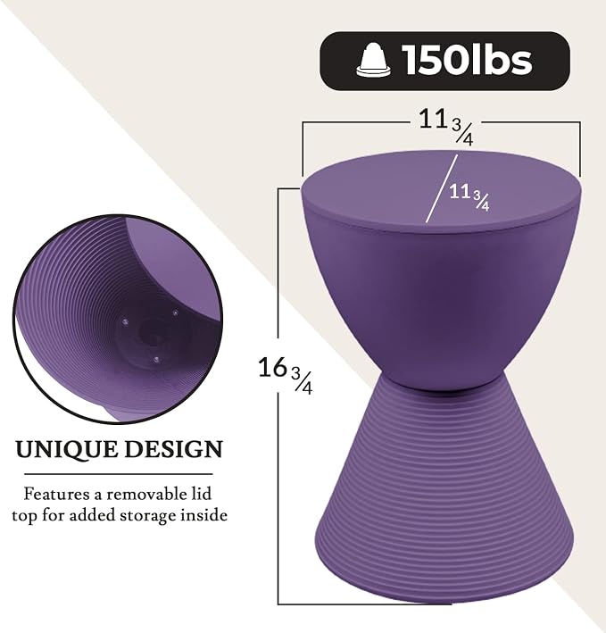 LeisureMod Modern Hourglass Purple Side Table - ABS Shell Drum End Table with Storage for Indoor & Outdoor Use