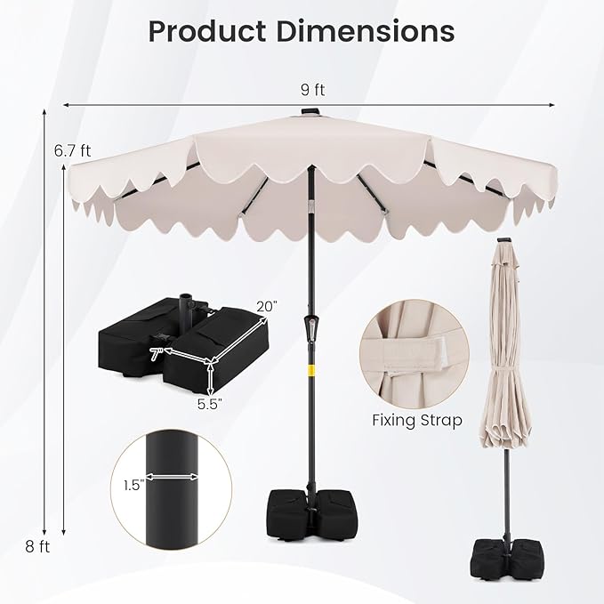 Tangkula 9 FT Solar Patio Umbrella with Base Included, 2-Tiers Outdoor Scalloped Table Umbrella with 32 LED Lights, 2 Sandbags, Tilt Adjustment, Crank, 8 Ribs for Market Backyard Pool Deck Beach Lawn