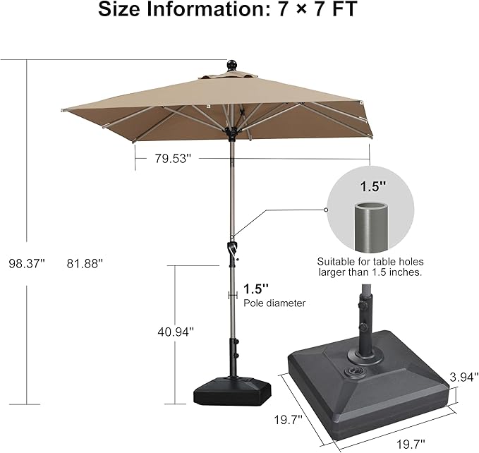 PURPLE LEAF 6.5' x 6.5' Market Umbrella, Square Patio Umbrella with Base Included, Heavy Duty Outdoor Table Umbrella with Tilt, Aluminum Pool Umbrella for Deck, Garden, or Poolside, Taupe