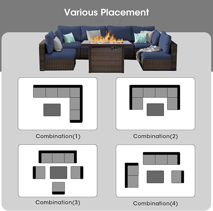 Grezone Patio Furniture Set,7 Piece Patio Furniture Set with Fire Pit Table,PE Wicker Rattan Sectional Sofa Patio Conversation Set with Thickened Cushions, Blue