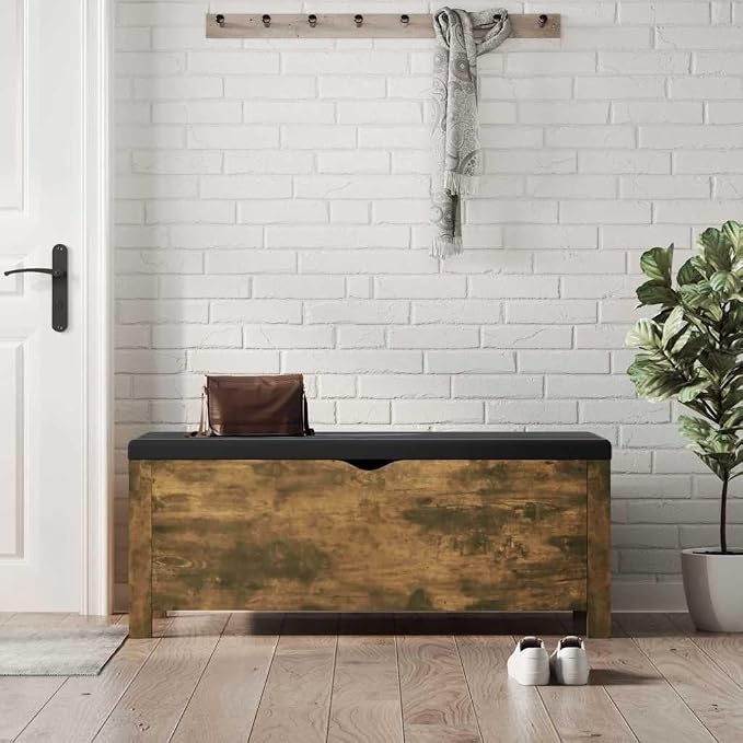 Storage Box with Cushion Smoked Oak 41.3x15.7x17.7 Inch, Storage Bench with Padded Seat for Clothes Toys Books, Sturdy Engineered Wood Trunk for Living Room Bedroom