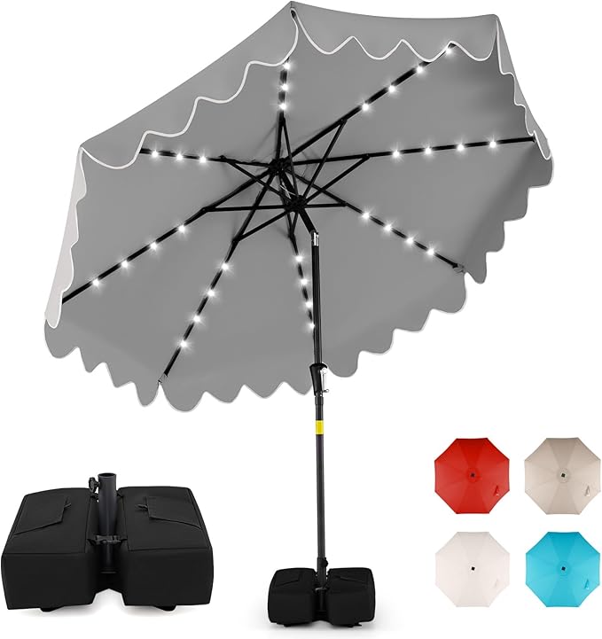 Happygrill 9FT Solar Patio Umbrella, Outdoor Market Table Umbrella with 32 LED Lights, Weighed Base, 2 Sandbags, Tilt & Crank, 8 Ribs, Fabric Canopy Sunshade, Vented Top for Garden Deck Pool Backyard (Gray)